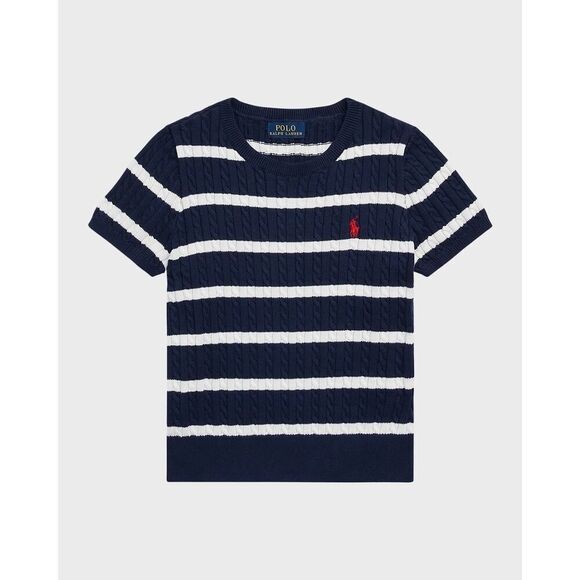 Polo Ralph Lauren Girls Navy and White Striped Cotton Short Sleeve Sweater M - Picture 1 of 5